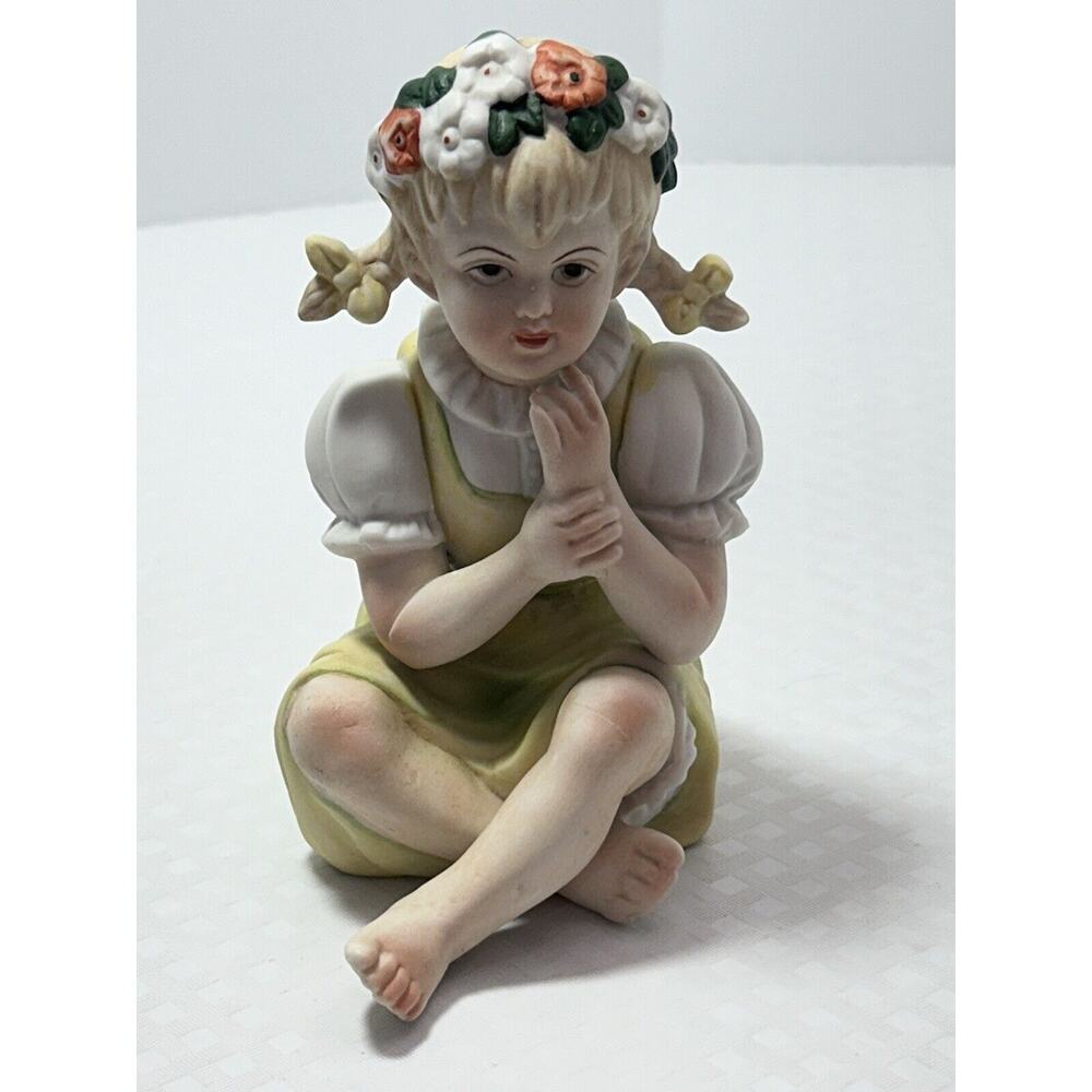 Vintage‎ LEFTON Bisque Porcelain Figurine Barefoot Girl Yellow Dress Pigtails